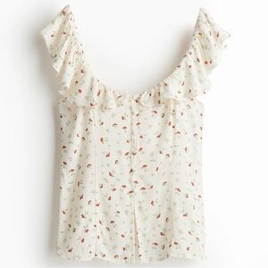 H&M Ruffle-Trimmed Top Cream with Small Flowers Size Small